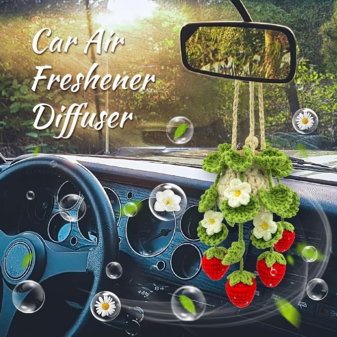 Crochet Car Air Freshener, 15ml Empty Refillable Oil Diffuser Bottle with Hanging Crochet Strawberry Plant for Car Rearview Mirror Air Freshener Diffuser for Home, and Office Decor