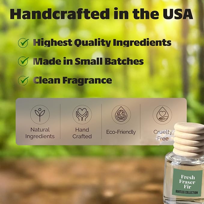 Car Air Freshener Diffuser, Fresh Fraser Fir Aromatherapy, Natural Fragrance Oil, Long Lasting, by Bootleg Collection, Made in USA