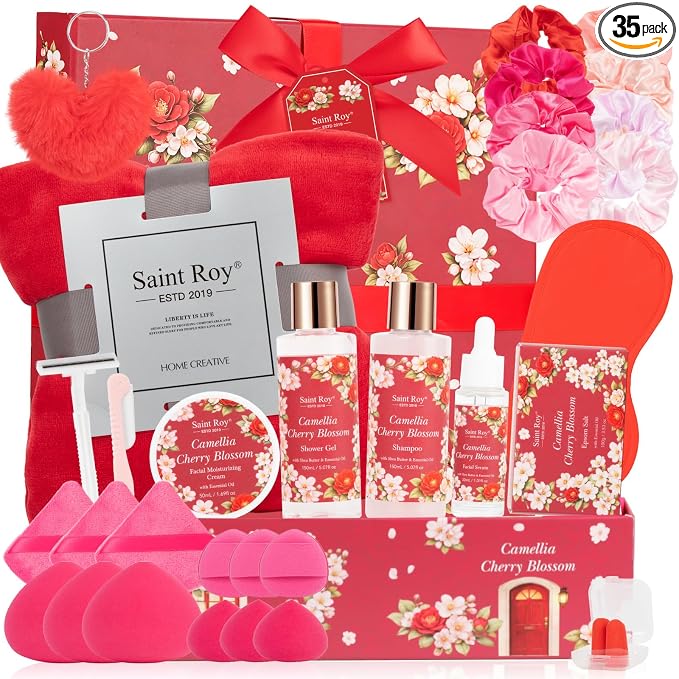 35 Pcs Valentines Day Gift for Women, Cherry Blossom Rose Bath and Body Basket Gift, Face Skin Care Kit, Home Spa Self Care, Lip Gloss, Birthday, Christmas, Mother, Bridal Shower, Anniversary
