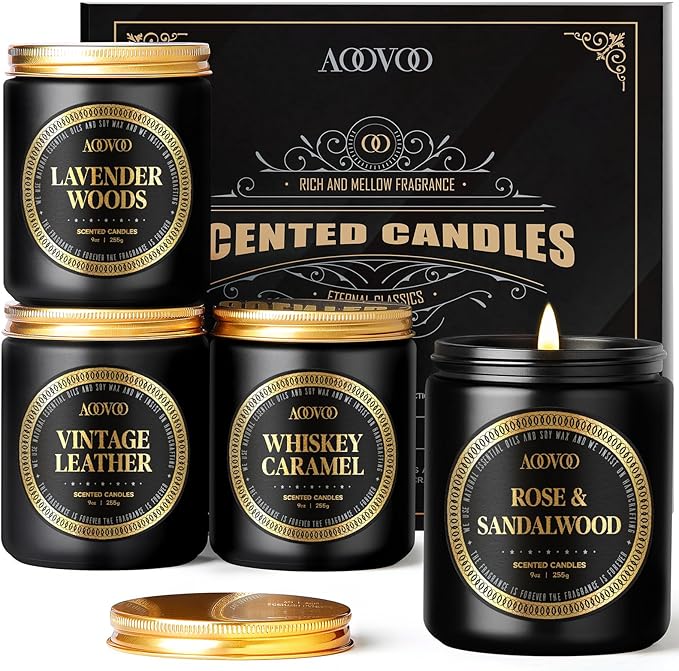 AOOVOO Scented Candles for Men - 4 Pack Candles for Home Scented, 36oz Soy Wax, 200 Hour Burn Time, Men Candle Set, Rose Sandalwood/Whiskey Caramel/Lavender/Leather Candle Set T