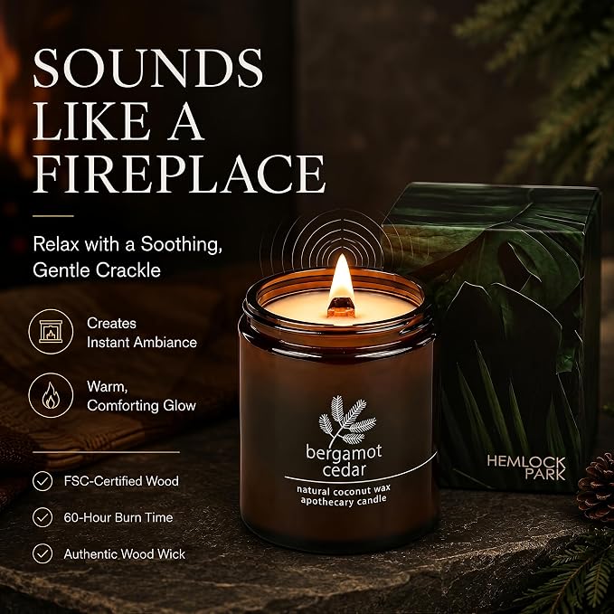 Hemlock Park Bergamot Cedar Apothecary Scented Candle | Crackling Wood Wick, Botanical Fragrance & Coconut Apricot Wax | Up to 60 Hour Burn Time | 8 oz | Made in USA