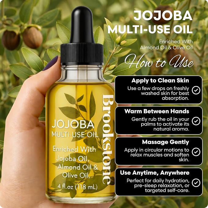 Brookstone Jojoba Multi-Use Essential Oil - Enriched with Jojoba, Almond & Olive Oil - Body, Hair & Skincare Oil