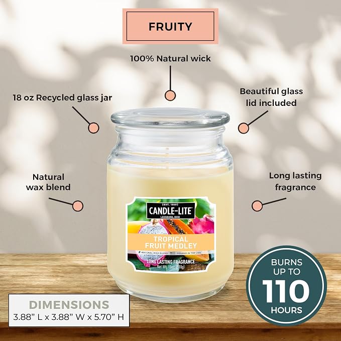 Candle-lite Scented Candles, Tropical Fruit Medley, 18 oz Jar, Proudly Poured in the USA, Aromatherapy Candle, Single-Wick with 110 Hours of Burn Time, Perfect for Creating a Refreshing Ambiance