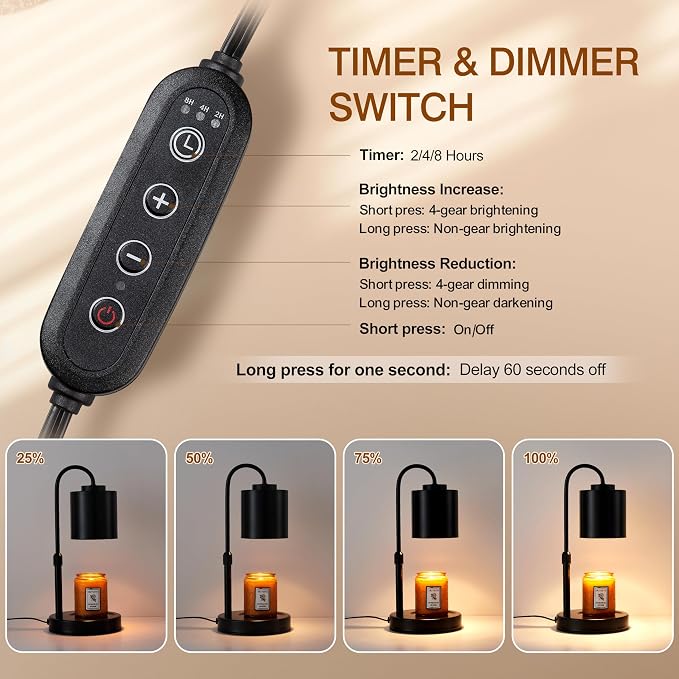 CASTLELIFE Candle Warmer Lamp with Timer & Dimmer, Height Adjustable Electric Wax Melt Warmer for Jar Candles, Gifts for Mom Home Decor, Black