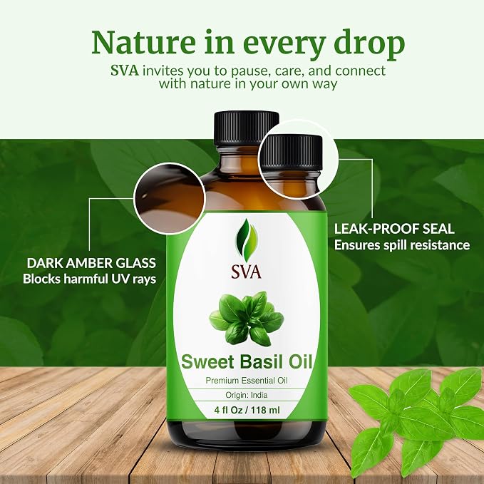 SVA Sweet Basil Essential Oil – 4 Fl Oz – 100% Natural Basil Oil - for Diffuser, Hair Care, Face, Skin Care, Aromatherapy, Scalp and Body Massage, Soap and Candle Making – with Dropper