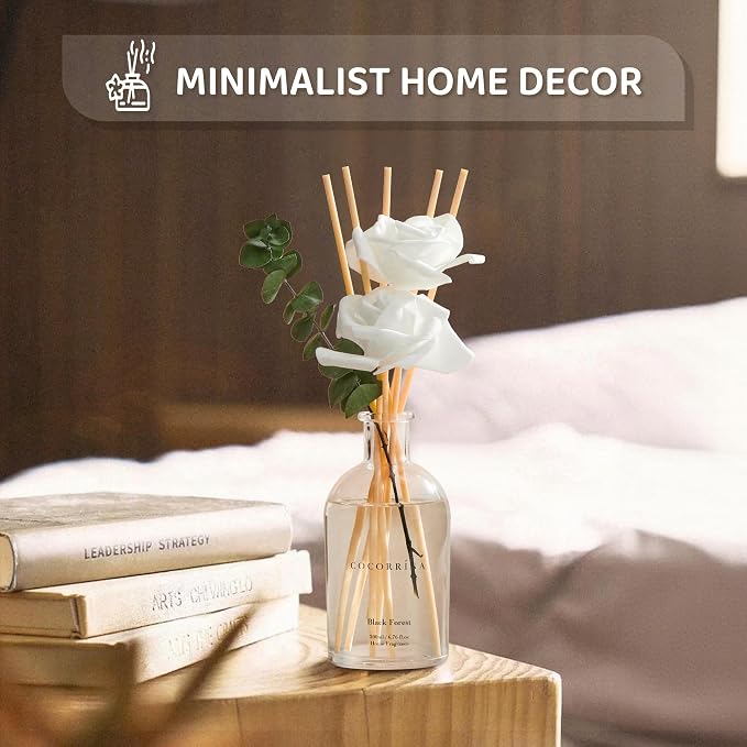 COCORRÍNA Reed Diffuser - Black Forest Scent, 6.76 fl oz Essential Oil with 8 Reed Sticks - Home Fragrance for Bedroom Bathroom Shelf Décor