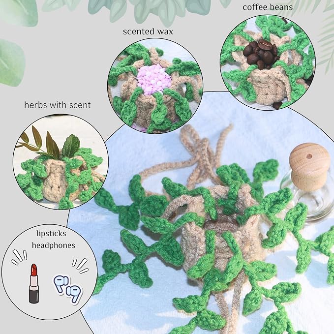 ROFIGL Handmade Crochet Hanging Car Air Freshener,12ml Empty Refillable Oil Diffuser Bottle with Crochet Hanging succulents Plant for Car Rearview Mirror for Home, and Office Hanging Diffuser Decor