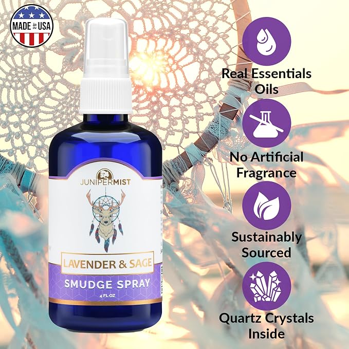 Lavender & Sage Smudge Spray (114ml), Lavender Spray with White Sage Essential Oil, Calm & Cleansing Negative Energy, Spiritual Room Spray, Smokeless Smudge Spray, Yoga Spray UK