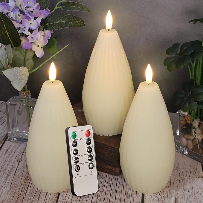Ivory White Ribbed Flameless Candles Battery Operated with Remote Geometric Aesthetic Stripe Flickering Realistic LED Real Wax Candle Vintage Home Decor for Christmas Table Fireplace Mantel, 3 Pack
