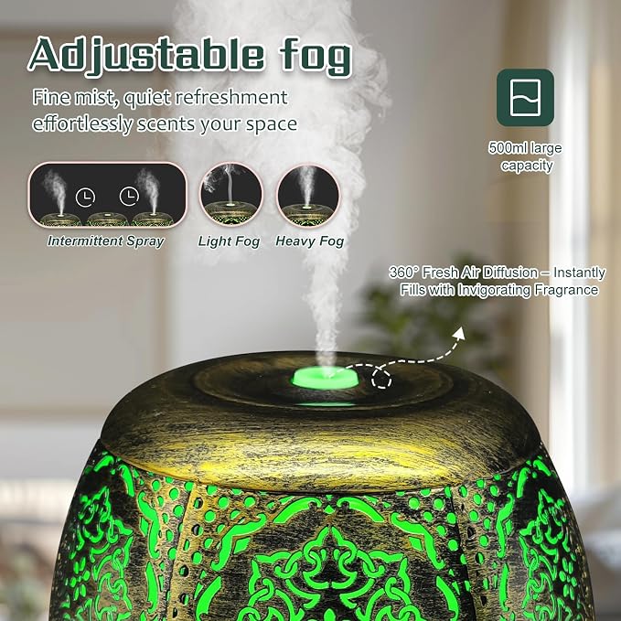 500ml Metal Essential Oil Diffuser, Antique Gold Aromatherapy Diffuser, Moroccan Hollow Out Design, 7 Color LED, Timer, Auto Shut-Off, Vintage Iron Cool Mist Humidifier for Large Room, Home Decor Gift