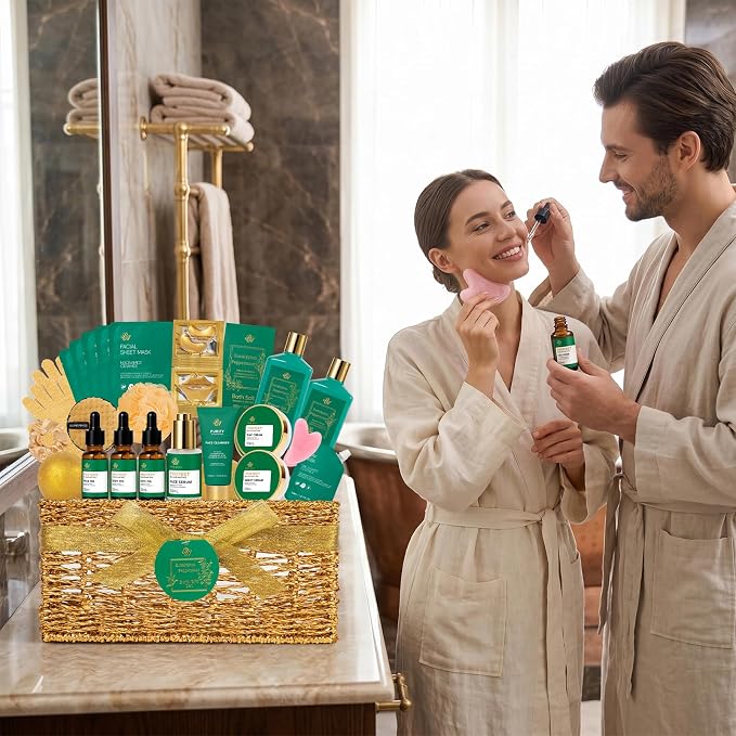 Gifts for Women & Men, Eucalyptus 32 Pcs Home Spa Basket Gift Set for Women & Men, Self-Care Relaxation Set, Face Skin Care Kit, Bath & Body Gifts Basket, Birthday, Christmas, Valentines, Anniversary