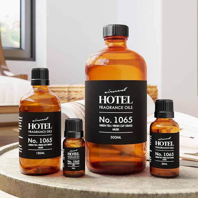 AirScent Hotel Diffuser Oil No. 1065 - Green Tea & Fresh Cut Grass - Premium Fragrance Oil for Ultrasonic and Waterless Diffusers and Crafting - 500 mL, 16.9 fl oz Glass Bottle