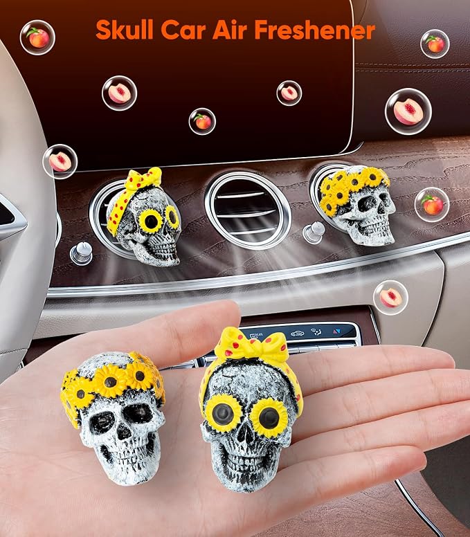 Giftable Daisy Flower Car Air Fresheners Vent Clips Diffusers with Fragrance Pads Funny Goth Skull Car Accessories Interior Skull Birthday/Christmas for Women Girls