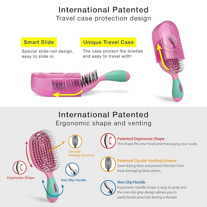 NuWay 4Hair® TravelC® U.S. Patented Single-Curve Scalp Care Travel Brush with Protective Case – Premium Portable Hair Health Tool with Heat-Resistant – Wet & Dry Use (Bubblegum Pink)