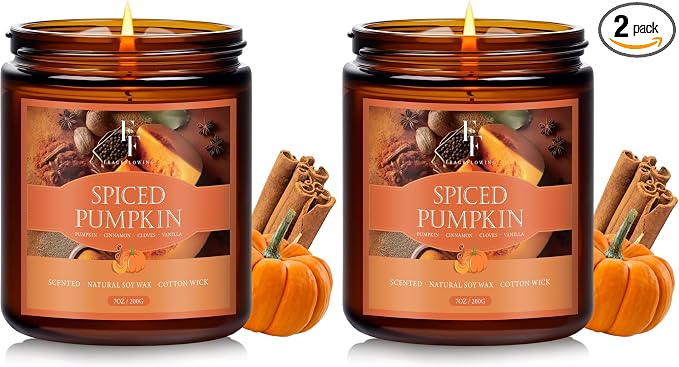 Fall Candle, Spiced Pumpkin Scented Candles for Home, Natural Soy Autumn Candle Aromatherapy Candle, 7 oz Jar Candles Fall Gifts for Women Men (Pack of 2)