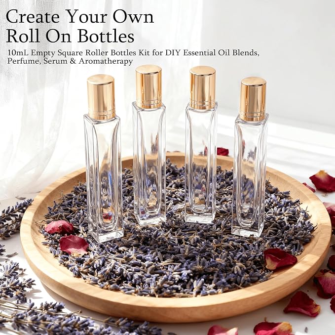 Roller Bottles for Essential Oils 4 pack, 10 ml Refillable Leak-Proof Glass Rollerball Bottles with Stainless Steel Balls & Golden Caps - for DIY Aromatherapy, Travel Perfume, Relief Blends & Skincare