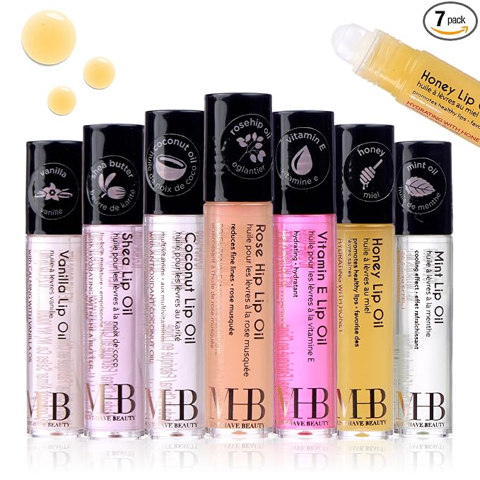 EXPRESSIONS 7pc Lip Oil Collection - Nourishing High Shine Lip Glow with Essential Oils, Hydrating Roll On Lip Oils Infused w/Essential Oils - Rollerball Lip Oils, Vitamin Enriched Lip Oil Set