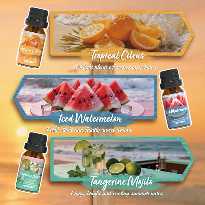 ARVIDSSON Hawaii Fragrance Oil Set, Summer Essential Oils for Diffuser, Tropical Scent Oils - Sunset Breeze, Coconut Coast, Gild Pineapple, Tropical Citrus, Iced Watermelon, Tanderine Mojito