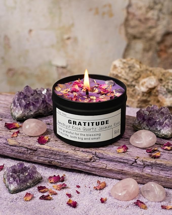 Gratitude Candle, Thank You Gift, Appreciation Gift for Her, Self Care, Meditation, Spiritual, Crystal Candle. (8oz)
