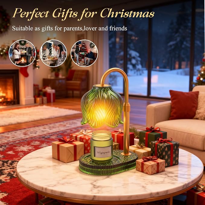 Candle Warmer Lamp with Adjustable Height - Flameless 4-Level Dimmable Wax Warmer, Timer Function & Stylish Design in Multiple Colors (Green)