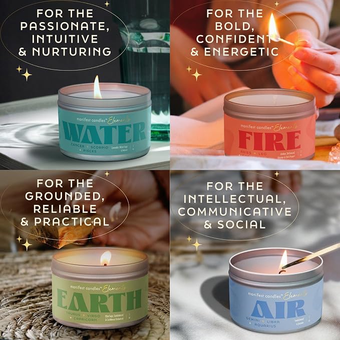 Zodiac Candles Gift Set 4 Pack – Astrology Candles for Women, Horoscope Candle Set with Fire Earth Air & Water Elements, Coconut Soy Wax, 7oz Tin Candle – Zodiac Gifts for Women, Astrology Gifts