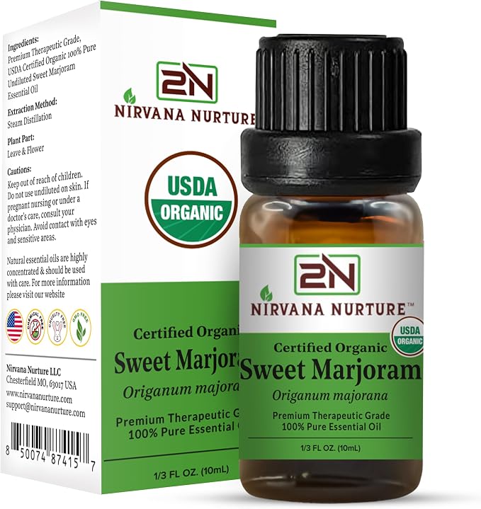 Sweet Marjoram Essential Oil, USDA Certified Organic, 100% Pure Undiluted, Aromatherapy Oil for Diffuser, Hair & Skin Care