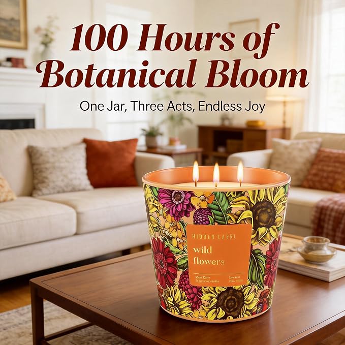 Hidden Label Wild Flowers Soy Candle, 30oz 3-Wick, 100H Botanical Floral | Non-Toxic Vegan Phthalate-Free | Peony Jasmine Fresh Greens Scent | Even Melt No Tunneling | Statement Decor Gift for Women