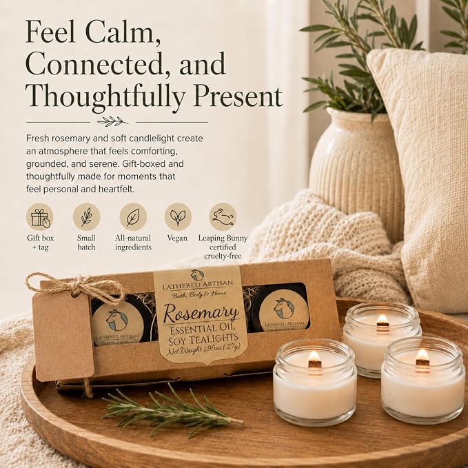 Rosemary Essential Oil Scented Tealight Candle Gift Set of 3 Handcrafted Natural Soy Candles Wooden Wick Dried Flowers Remembrance Home Office Aromatherapy Jar Tea Lights with Lids by Lathered Artisan