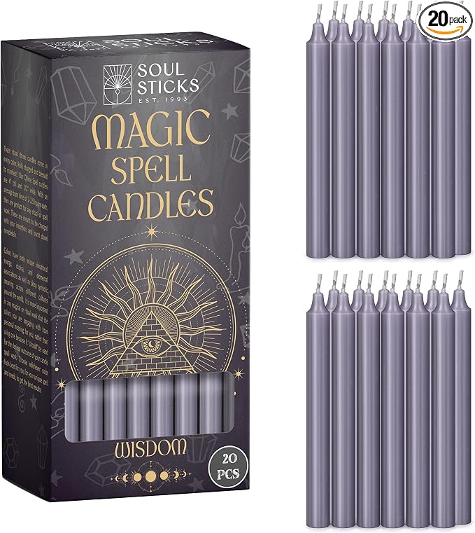 SOUL STICKS Wisdom Magic Spell Chime Taper Candles 20 Pack - Ideal for Altar, Rituals, Ceremonies, Meditation Grey Tapered Candle for Witchcraft Supplies, Wiccan Supplies, Candles Clearance