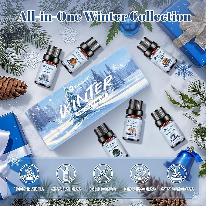 Essential Oils Winter Set,Premium Fragrance Essential Oils Gift Set for Diffuser, Soap & Candle Making Scents - Gingerbread,Warm Woollen Blanket, Balsam Fir, Snow Walk, Sleigh Ride