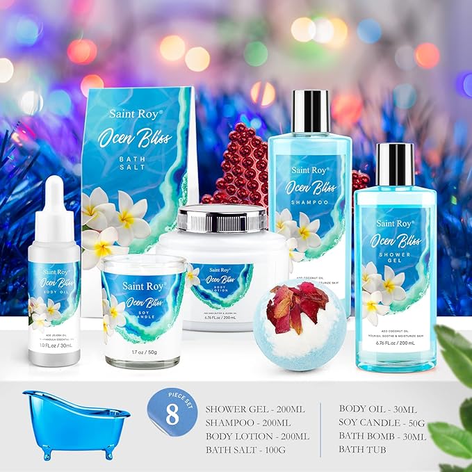 Father's Day Gifts for Women & Men Bath & Body Gift Set, Bath Basket Spa kit Gifts for Her Him Birthday Gift, Self-care Home Spa Kit, 8pcs Christmas Gift for Women Ocean Vanilla, Spa Gift Baskets