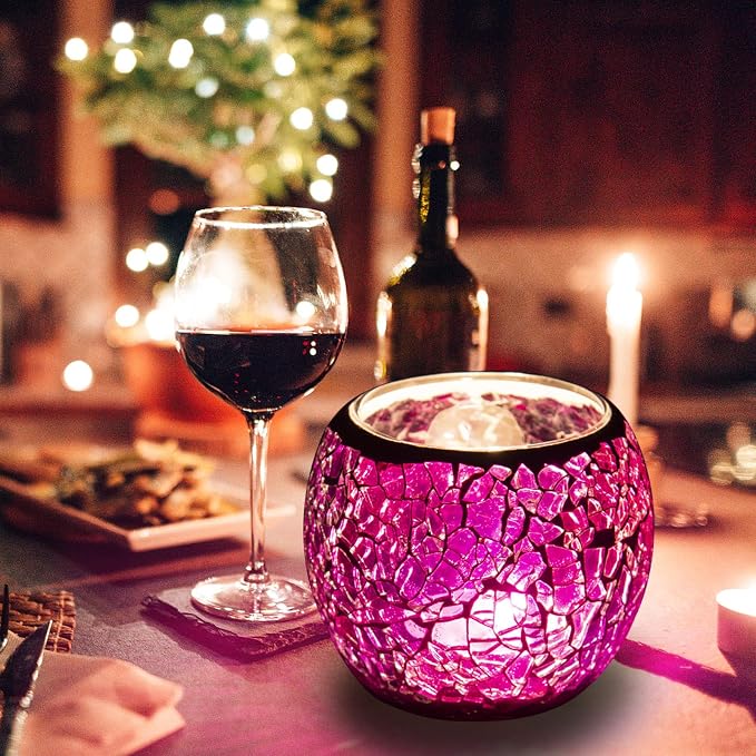 Rancco Glass Votive Candle Holder for Tealight, Romantic Mosaic Cracked Candle Holder, Candle Lamp Aromatherapy Candlescape Bowl for Valentine's Thanksgiving, Christmas Table Centerpiece, Party Decor