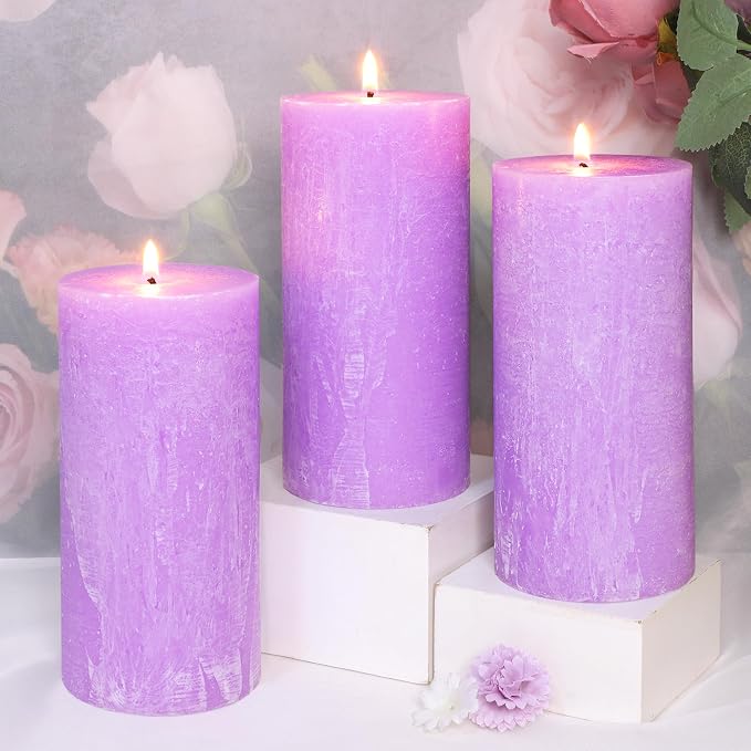 Lavender Scented Pillar Candles, Purple Burning Candle Set of 3, Dripless, Smokeless and Large Wax Candle for Wedding, Home Decoration, Parties, Spas, Dinner