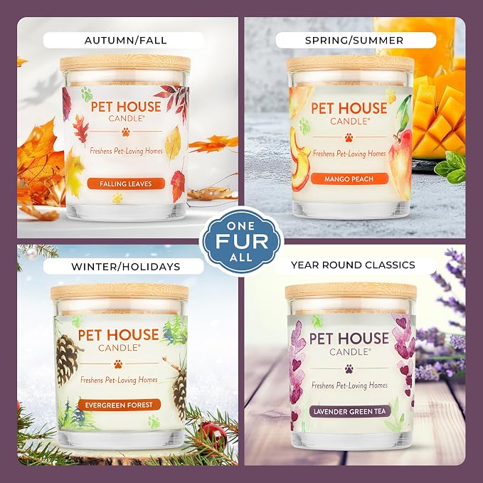 One Fur All Pet House Candle 2 Pack - Plant-Based/Soy - Clean Burning Scented, Long Lasting Pet Odor Candle for Home - Fresh Citrus, Lavender Green Tea