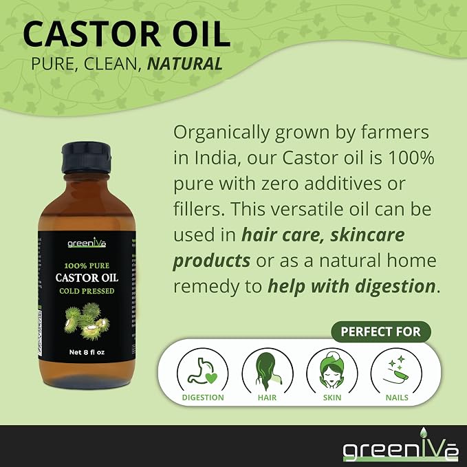 GreenIVe 100% Pure Castor Oil – Cold-Pressed, Hexane-Free – Hair, Eyebrows, Eyelashes, Skin Moisturizer, Castor Pack Wrap Oil GLASS Bottle (8 Fl Oz)