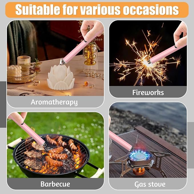 2 Pack Electric Candle Lighters, USB Rechargeable Lighter with Windproof Flameless & Extended Handle, Suitable for Candles, BBQ, Camping, Gas Stove, Festivals Gift (Pink, 2 Packs-B)