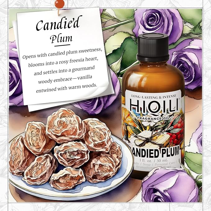 HIQILI Candied Plum Fragrance Oil for Diffuser, Candle & Soap Making, Personal Care Scenting, Gourmand Notes, Long-Lasting Scent - 1 Fl Oz (Pack of 2)