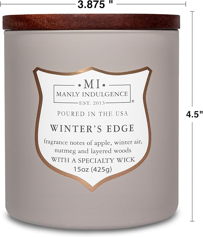 Manly Indulgence Winters Edge Scented Candles for Men, 15 oz Wooden Wick, Premium Soy Blend Wax, 60H Burn, Candles for Home Scented - Made in The USA