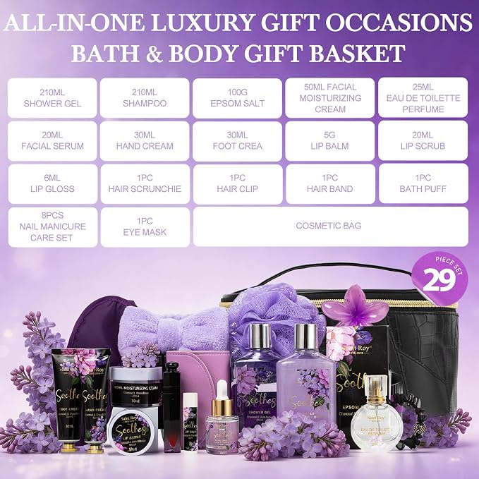26Pc Spa Gift Basket for Women, Face Skin Care Kit, Bath and Body Gift Set | CHARCOAL & SHEA BUTTER scents Leather Cosmetic Bag Bath Gift Set Home Spa Self Care Kit, Anniversary, Birthday, Mothers Day