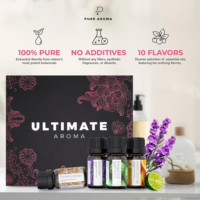 Essential Oils by Ultimate Aroma Top 10 Aromatherapy Oils Gift Set - Lavender/Tea Tree/Eucalyptus/Peppermint/Lemongrass/Sweet Orange/Bergamot/Frankincense/Rosemary/Ylang Ylang (10ml).
