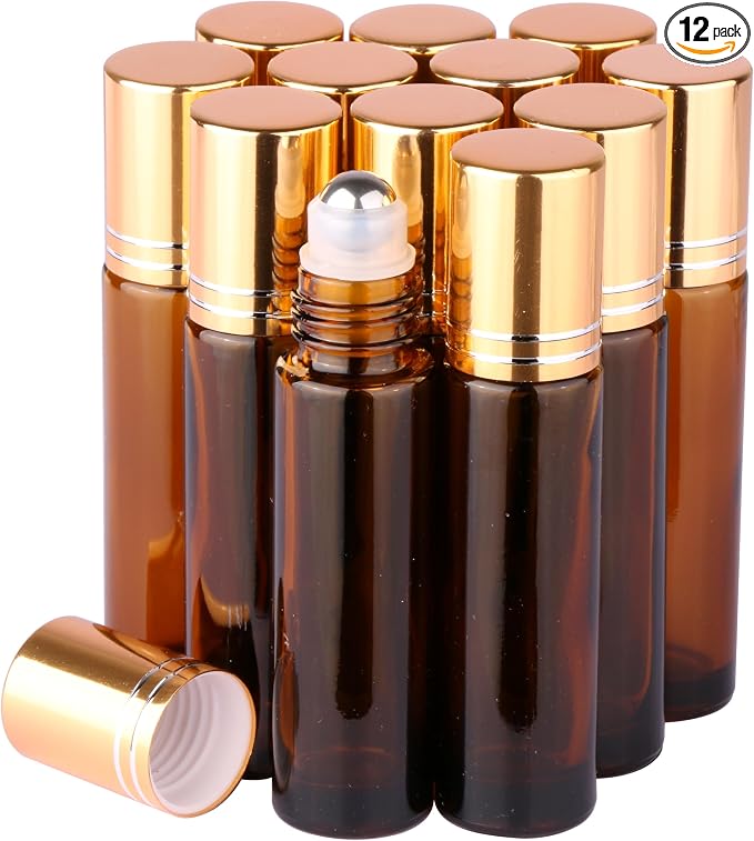 inice 12 Pack Essential Oil Roller Bottles Amber Glass RollerBalls for Essential Oils Refillable Roll on Perfume Bottles with Alloy Caps for Travel