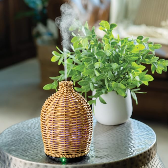 Airome Wicker Medium Essential Oil Diffuser|100 mL Humidifying Ultrasonic Aromatherapy Diffuser 8 Colorful LED Lights, Intermittent & Continual Mist, Auto Shut-Off