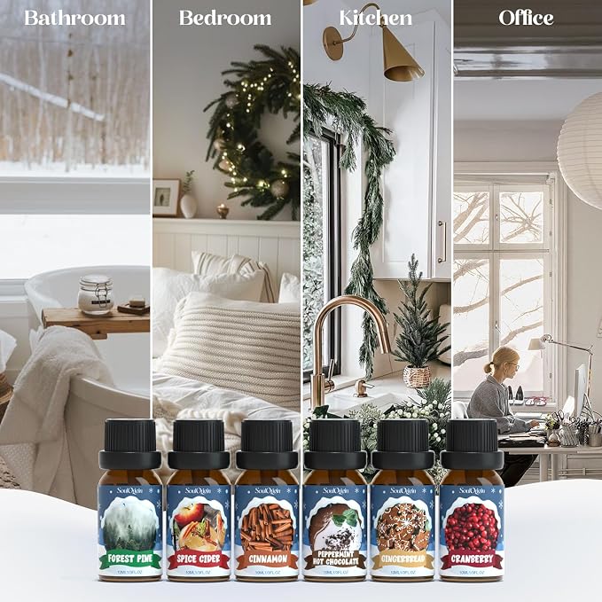 SoulOrigin Winter Essential Oils Set, Fragrance Oil Gift Set for Oil Diffusers, Scented Oils for Soap 6x10ml - Forest Pine, Spiced Apple Cider, Cinnamon, Mint Hot Chocolate, Gingerbread, and Cranberry