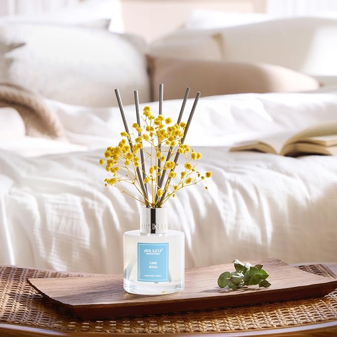 Airkeep Reed Diffuser Set,3.38 fl oz (100 ml) - Lime Basil Oil Diffusers with 8 Reed Sticks, Home Fragrance Reed Diffuser for Bathroom Shelf Decor