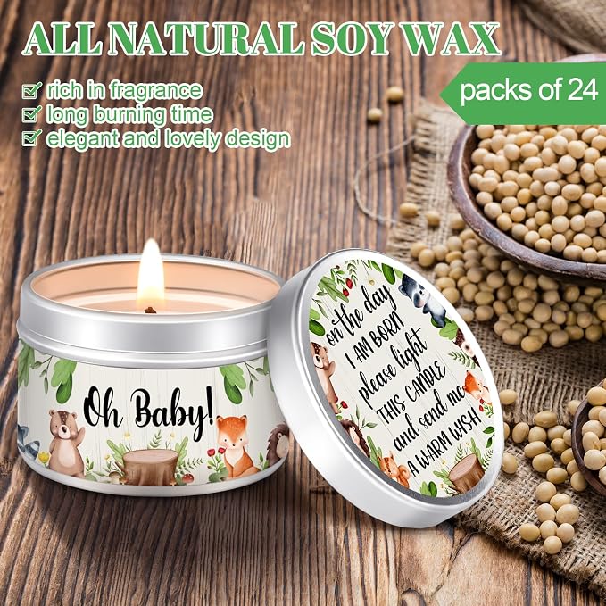 MTLEE 24 Pcs Woodland Animals Baby Shower Party Favors Candles Lavender Scented Baby Shower Favors for Guests Rustic Tealights Candles Gender Reveal Return Gifts (1.2 oz, Colorful)