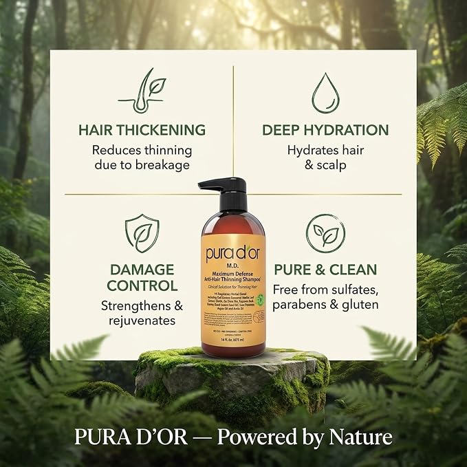 PURA D'OR MD Anti-Hair Thinning Maximum Defense Shampoo - 0.5% Coal Tar, Biotin, Proprietary Herbal Blend For Dry & Itchy Scalp, No Sulfates - For Men & Women, Strong Coal Tar Scent 16 Oz