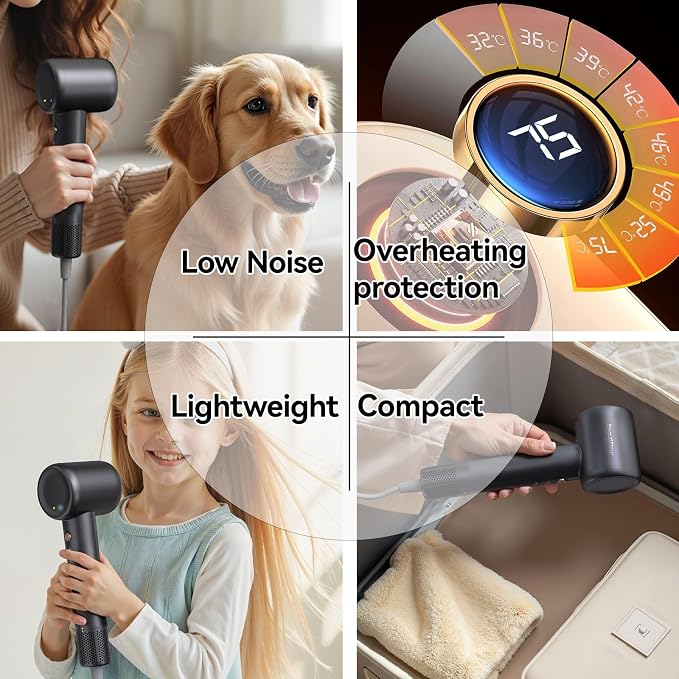 Hair Dryer, 110,000 RPM High-Speed Ionic Blow Dryer with Brushless Motor, Fast Drying, Low Noise Lightweight Design, Hair Dryer with Diffuser & Nozzle, Professional for Women & Men, Home or Travel