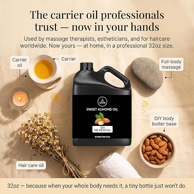 Naturevibe Botanicals Sweet Almond Oil 32 Ounces | 100% Pure and Natural Unrefined Cold Pressed Carrier Oil | Great for Skin Care and Hair Care