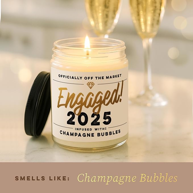 WAX & WIT 2025 Engagement Candles Gifts for Couples - Scented with Champagne Bubbles - Newly Engaged Couples, Bridal Shower, Bride to Be - 9oz, Soy Wax, 50 Hour Burn, Premium Candle