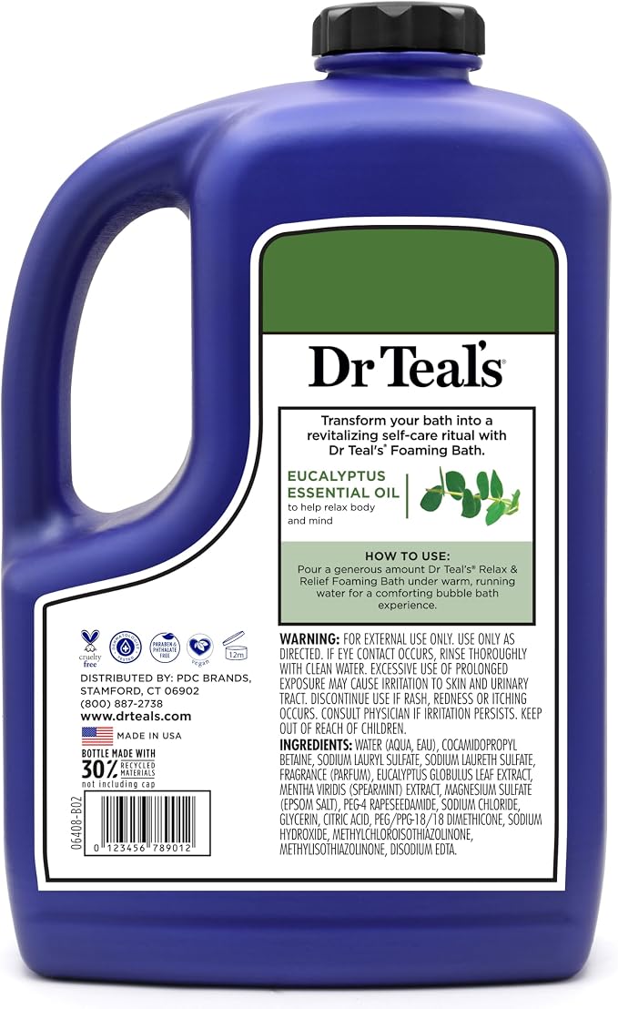 Dr Teal's Foaming Bath with Pure Epsom Salt, Relax & Relief with Eucalyptus & Spearmint, 62.5 fl oz